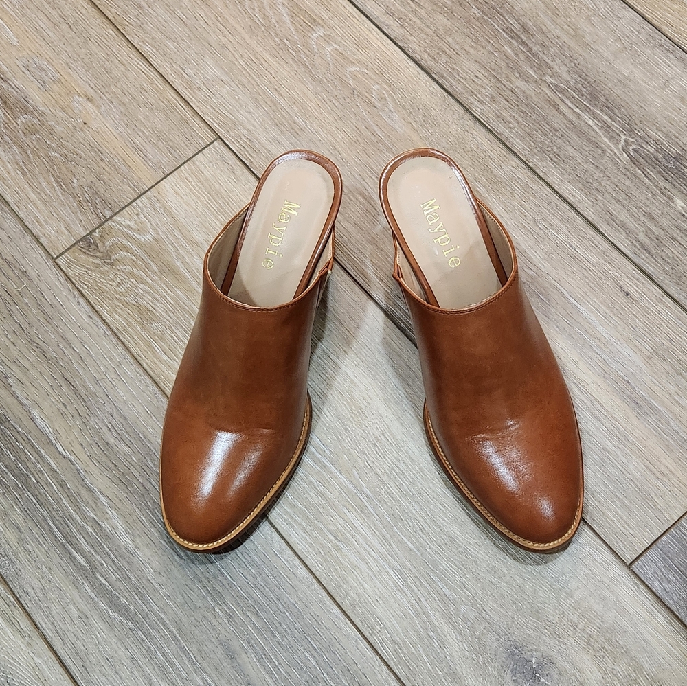 Maypie Cognac Brown Mule Heels Women’s Size 9